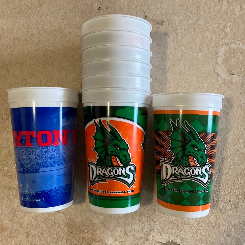 Seven Dayton Dragons & One Dayton Flyers Plastic Cups